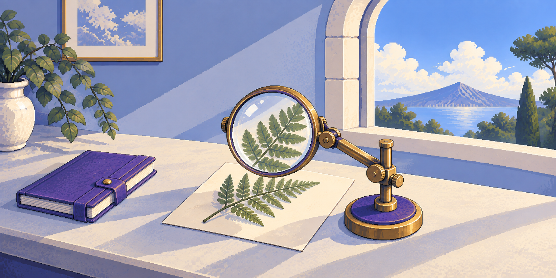 An observation lens beside a fern and field notes.