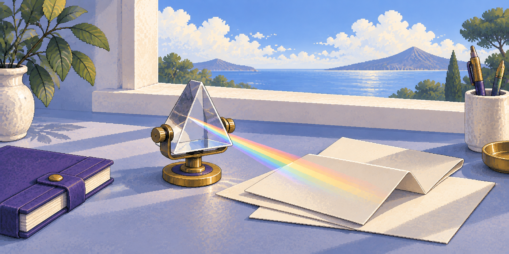 A brass-mounted glass prism casts light across folded field notes.