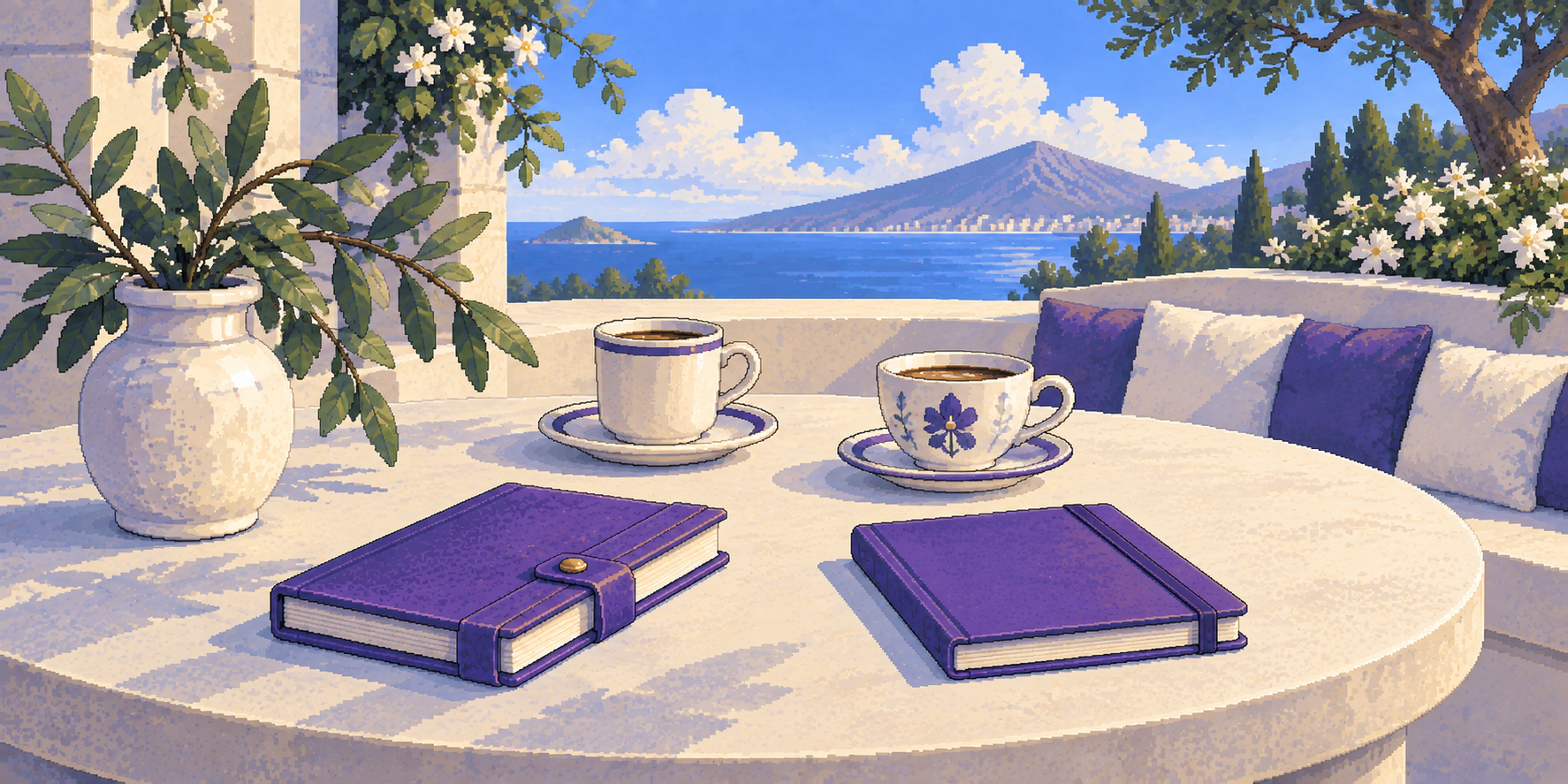 Two cups and notebooks sit on an empty garden table beside blue water.