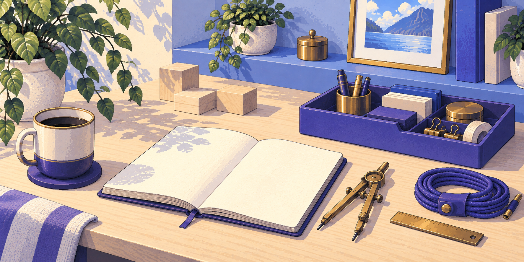 A notebook, brass tools, and wooden blocks arranged on a sunlit workbench.
