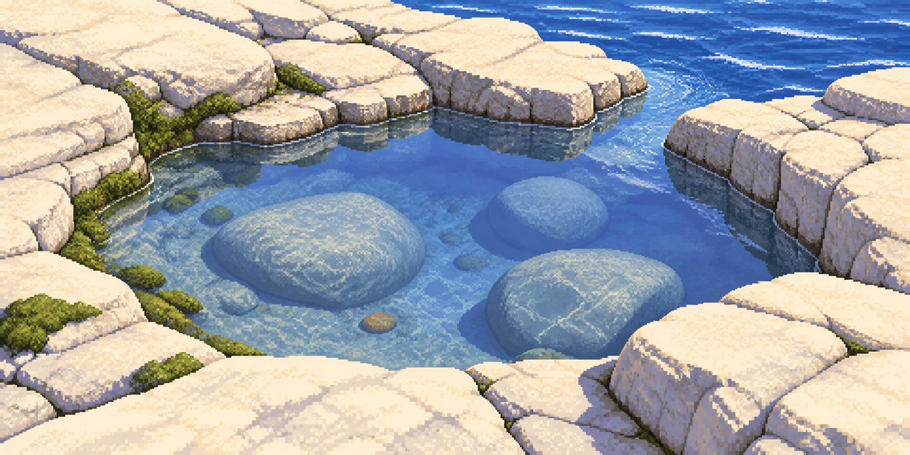 A tidal pool holds clear water among rocks beside the sea.