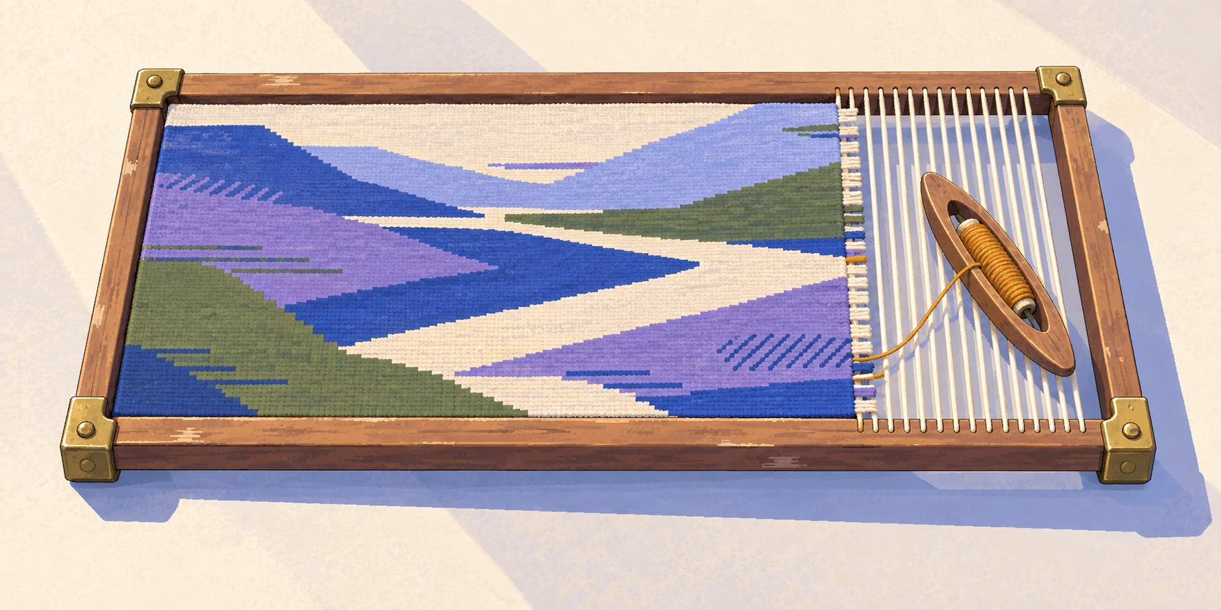 Purple, blue, and green threads form a pattern on a wooden weaving frame.