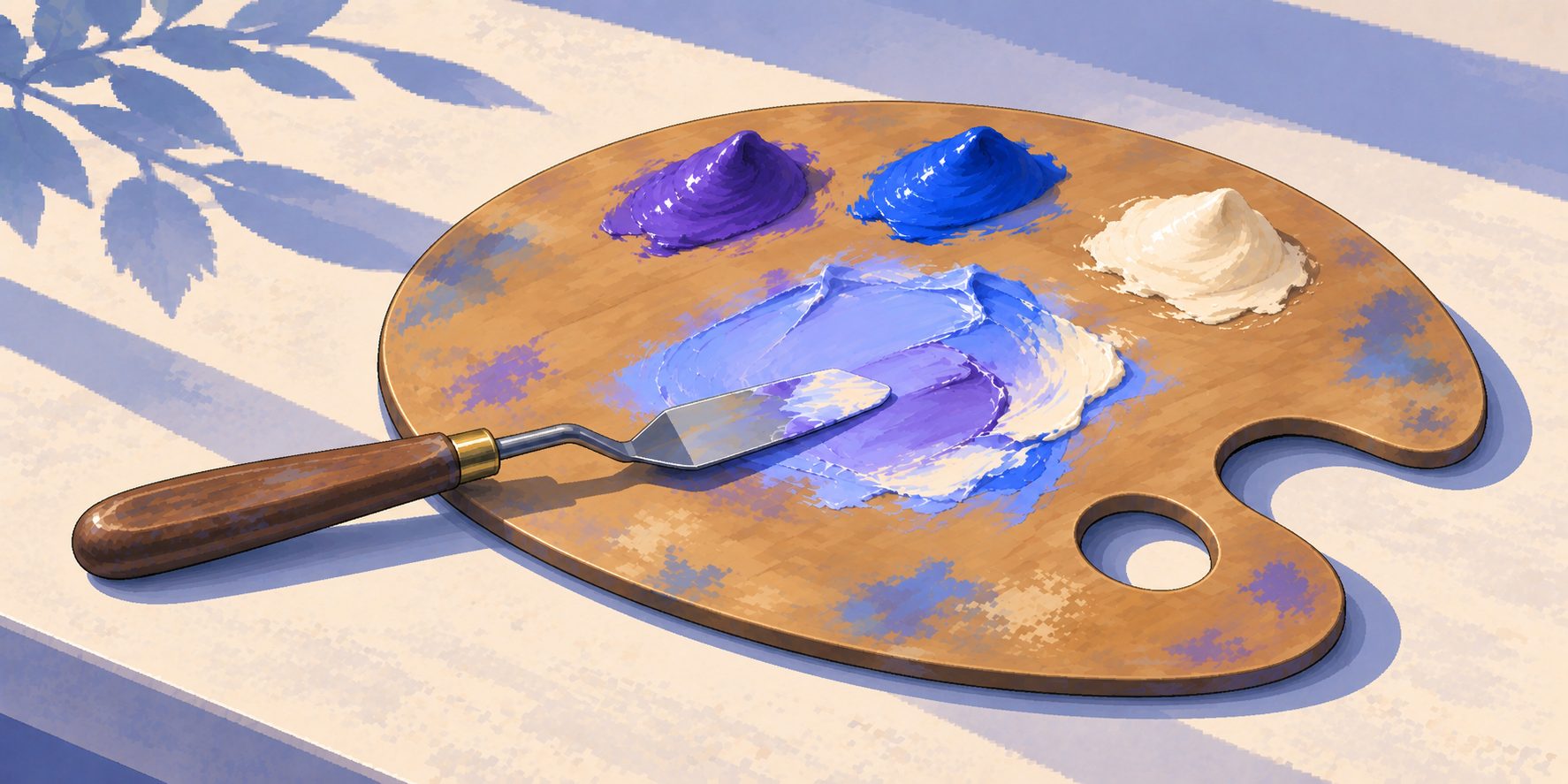 A wooden painter's palette holds iris, cobalt and ivory paint, a mixed periwinkle patch and a resting palette knife.