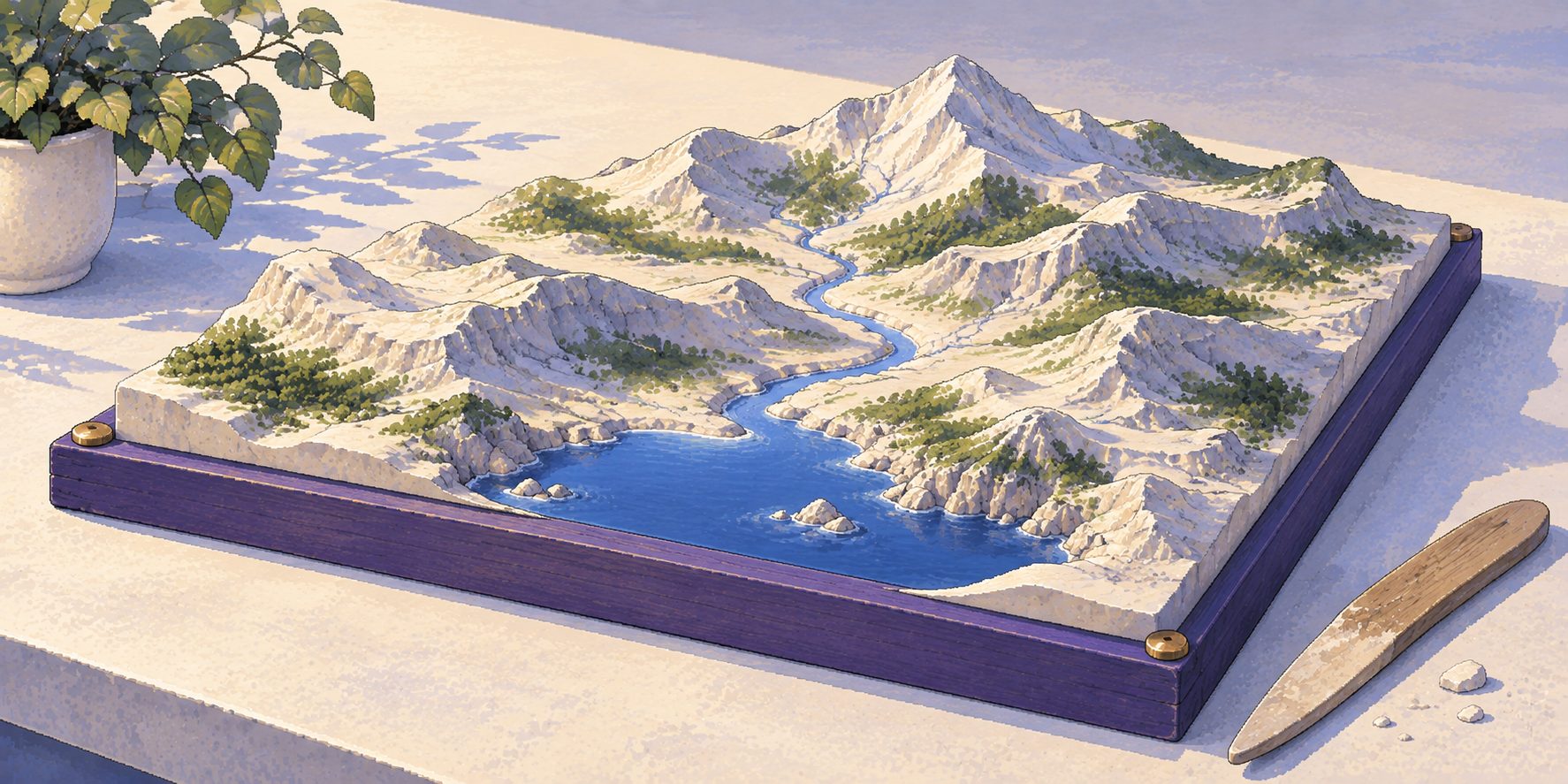 A raised terrain model shows ridges, a river and an inlet.